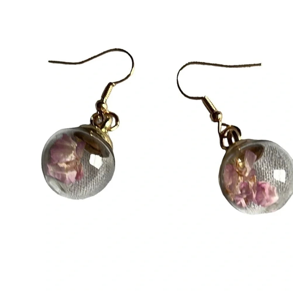 Resin Globe Pink Pressed Floral Earrings
